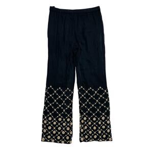 Mesh Floral Embroidered Salwar Pants Sheer Mesh Black Tan Elastic Waist Bohemian